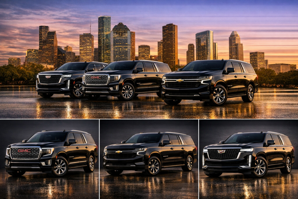 "Fleet of four polished black SUVs parked diagonally on a rooftop with the Houston skyline during golden hour — GMC Yukon, Chevrolet Suburban, Cadillac Escalade lineup"