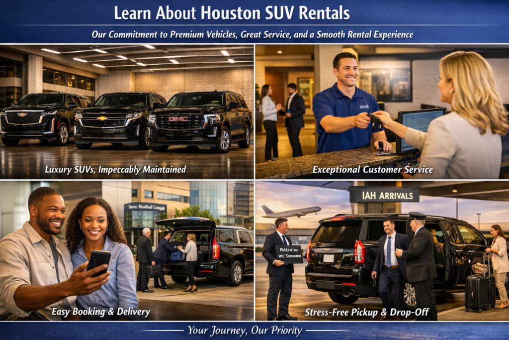 "Houston SUV Rentals professional chauffeur handing car keys to a smiling businessman beside a polished black luxury SUV during a seamless curbside pickup"