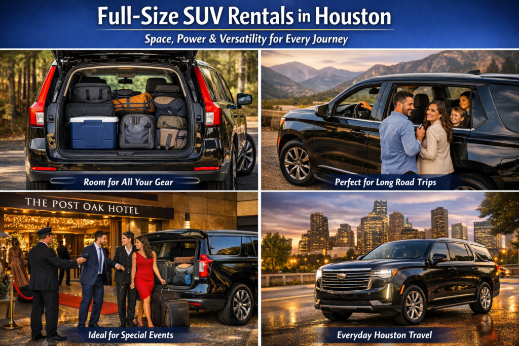 "Interior view of a full-size Houston rental SUV showing spacious third-row seating with smiling kids and comfortable leather seats across all three rows"