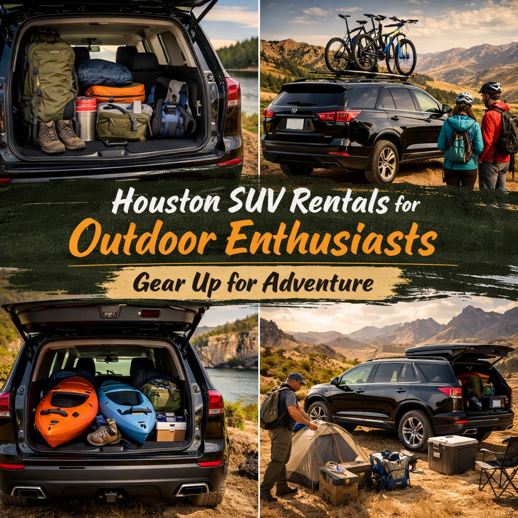 Black SUV parked on a rugged Texas dirt trail loaded with kayaks and outdoor gear for a wilderness excursion