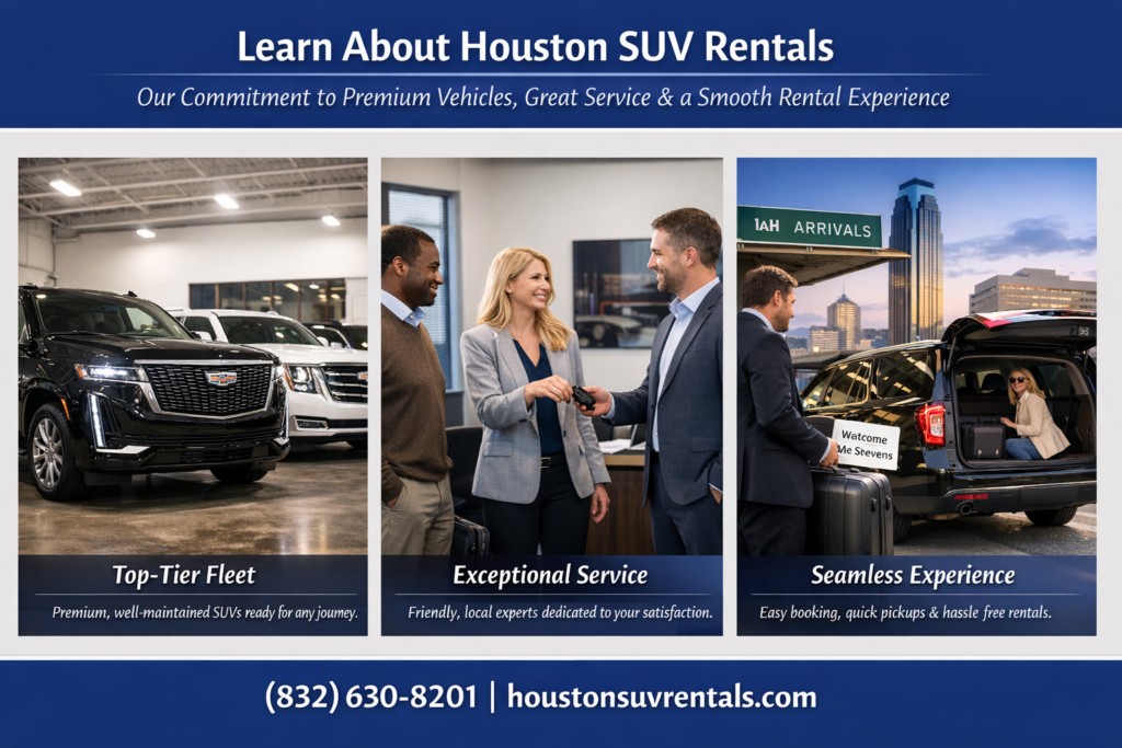 "Houston SUV Rentals trust visual showing the premium fleet lineup with the Houston skyline, a professional rental agent, and a businessman shaking hands with a chauffeur — reliability and great service in action"