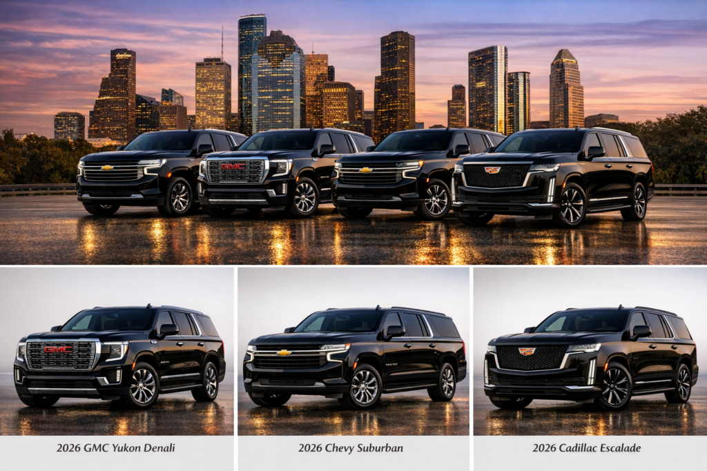 "Houston SUV Rentals fleet of five black luxury SUVs lined up on a waterfront promenade with Houston skyscrapers reflecting in the water at sunset"