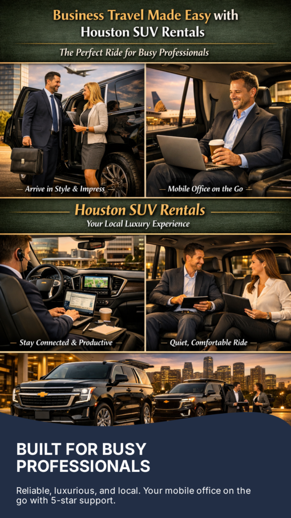 "Houston SUV Rentals trust visual showing the premium fleet lineup with the Houston skyline, a professional rental agent, and a businessman shaking hands with a chauffeur — reliability and great service in action"