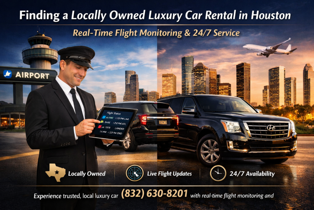 “Split‑screen day and night image showing [scene description] representing Houston SUV Rentals’ 24/7 luxury transport service with real‑time flight monitoring.”
