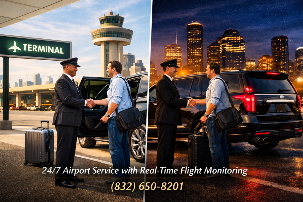 “Split‑screen day and night image of a chauffeur greeting a traveler beside a black luxury SUV at Houston IAH Airport, showing 24/7 airport service with real‑time flight monitoring.”