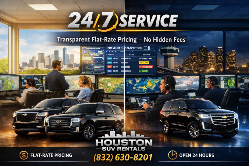 “Day and night split‑screen image of travelers loading luggage into a 2026 black SUV at Houston IAH Airport, with a chauffeur assisting nighttime arrivals. Flat‑rate airport transfers by Houston SUV Rentals.”