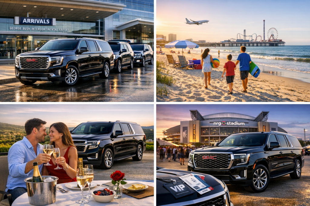 "Black Cadillac Escalade parked curbside at George Bush Intercontinental Airport IAH with Welcome to Houston sign, arriving airplane, and luggage ready for vacation pickup by Houston SUV Rentals"