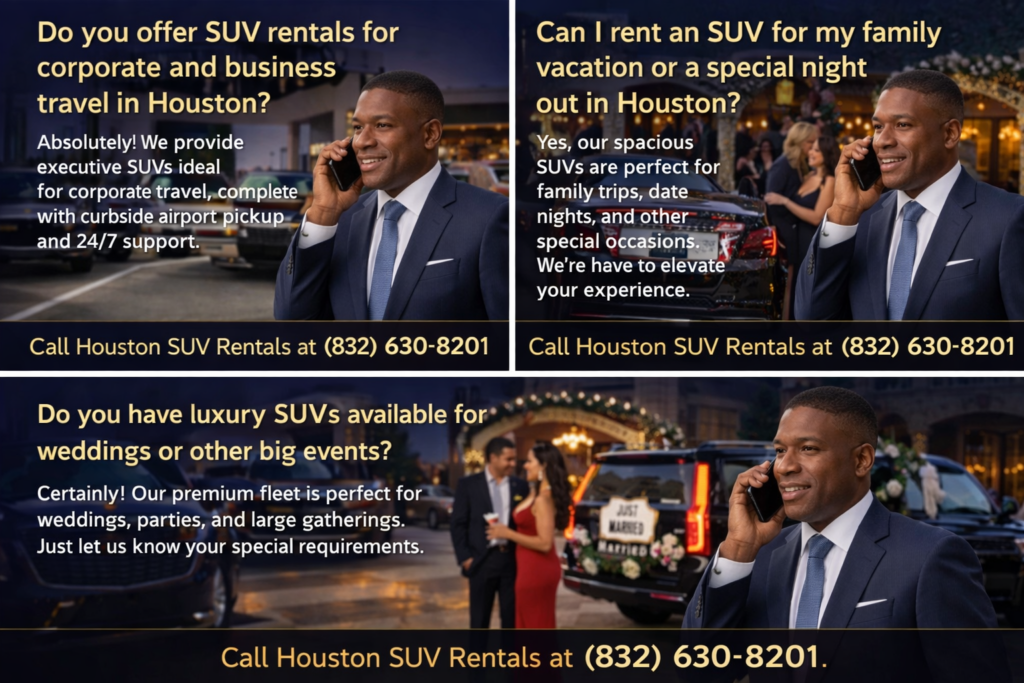 Three-panel Q&A call-to-action triptych for Houston SUV Rentals featuring a professional concierge answering questions about corporate travel with a GMC Yukon Denali at an airport, family and romantic occasions with a Cadillac Escalade at an evening venue, and wedding SUV rentals with a Just Married decorated Escalade with phone number (832) 630-8201