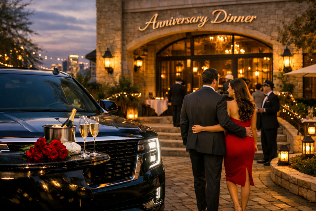 Couple walking toward upscale Houston restaurant for anniversary dinner with black Cadillac Escalade and champagne roses on hood at twilight