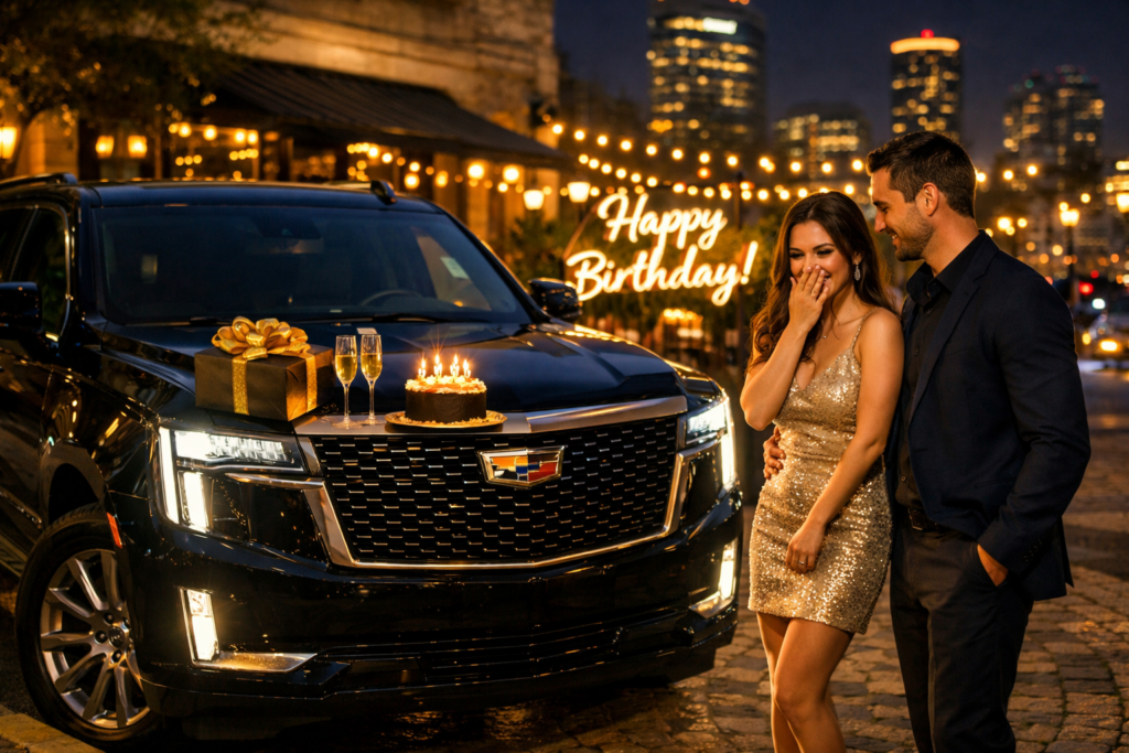 Man surprising woman with gift beside black Cadillac Escalade at night with birthday cake candles and champagne in Houston