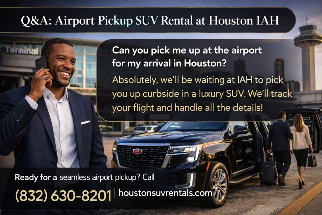Business executive Q&A sales image for Houston SUV Rentals featuring a professional African American concierge in a navy suit answering questions about corporate SUV rentals from inside a luxury black SUV with laptop and coffee plus an inset showing executives near a private jet with curbside IAH pickup and 24/7 support details