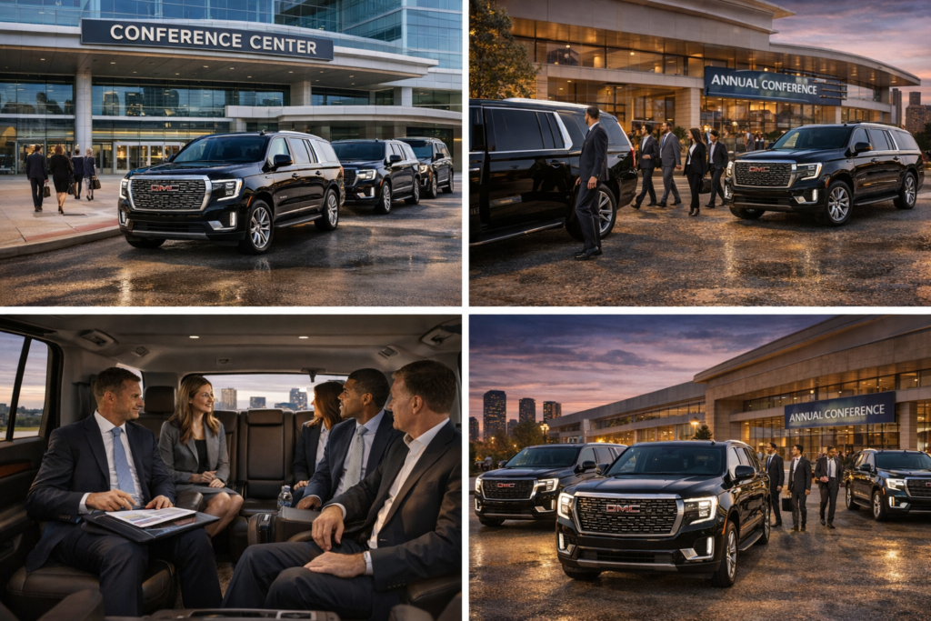 Three C-suite executives seated inside a luxury black SUV with premium leather seats and wood trim, reviewing financial charts on a tablet, holding champagne, and using smartphones with the Houston city skyline visible through the panoramic sunroof and side windows
