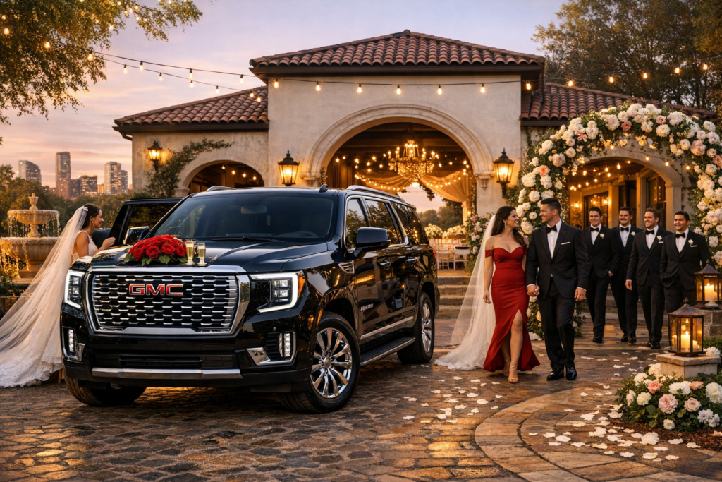 "Bride in a flowing white gown stepping out of a polished black GMC Yukon Denali at an elegant ceremony venue with a floral arch of white roses, lanterns lining the path, and rows of white chairs visible through a stone archway"