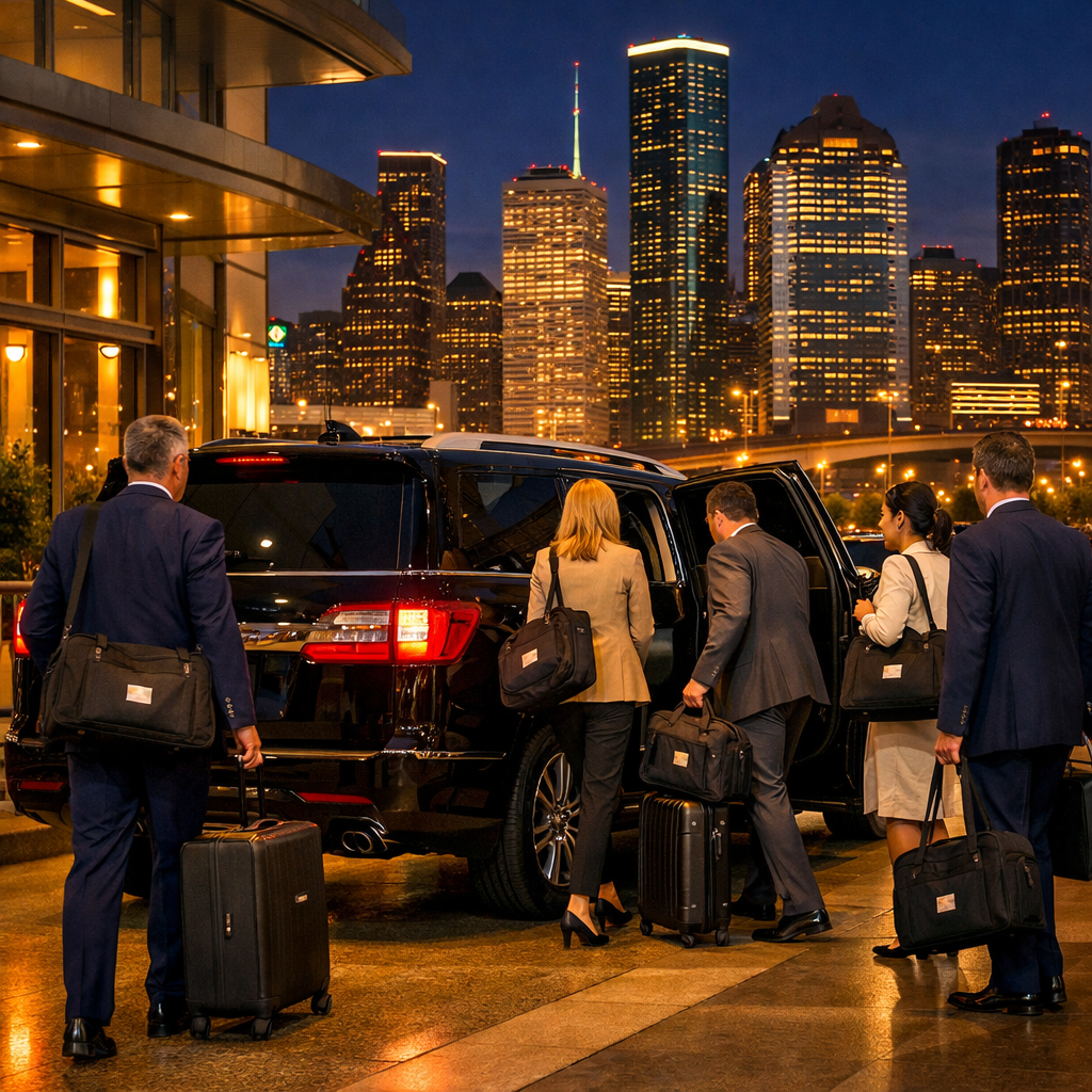 Black SUV with business travelers under warm lens flare lighting outside a Houston hotel at night.
