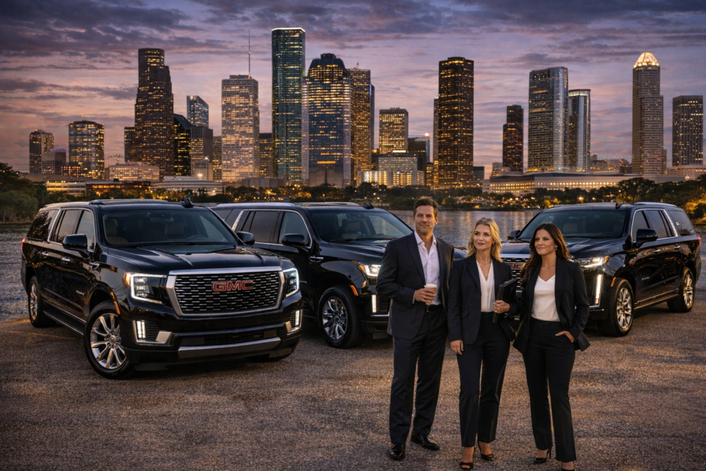 Conference and convention transport collage featuring three black SUVs lined up outside a modern Houston conference center with executives walking toward the entrance, a chauffeur opening the door on a red carpet for business professionals arriving at an event, four executives in discussion inside a luxury SUV, and three black SUVs parked outside an illuminated conference center at twilight with an Annual Conference banner