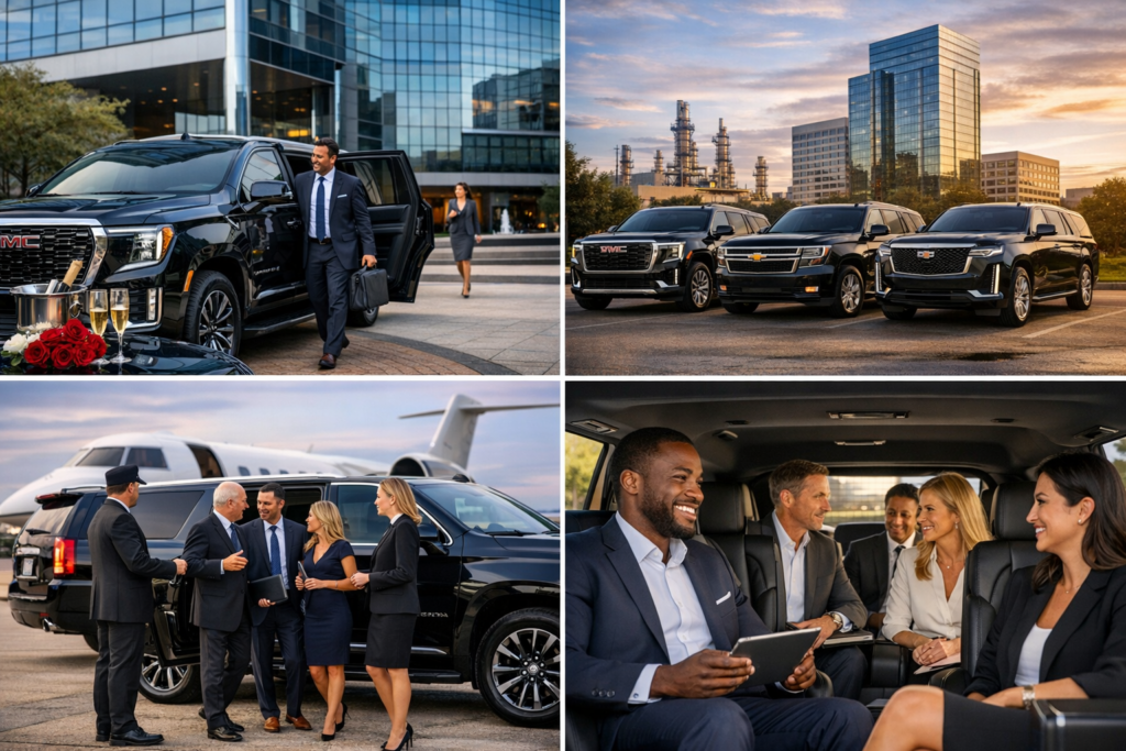 Corporate campus delivery collage showing an executive stepping out of a black GMC Yukon Denali at a glass office building, a three-SUV fleet lined up in Houston Energy Corridor, a chauffeur greeting executives at an airport with a private jet, and four business professionals holding a meeting inside a luxury SUV