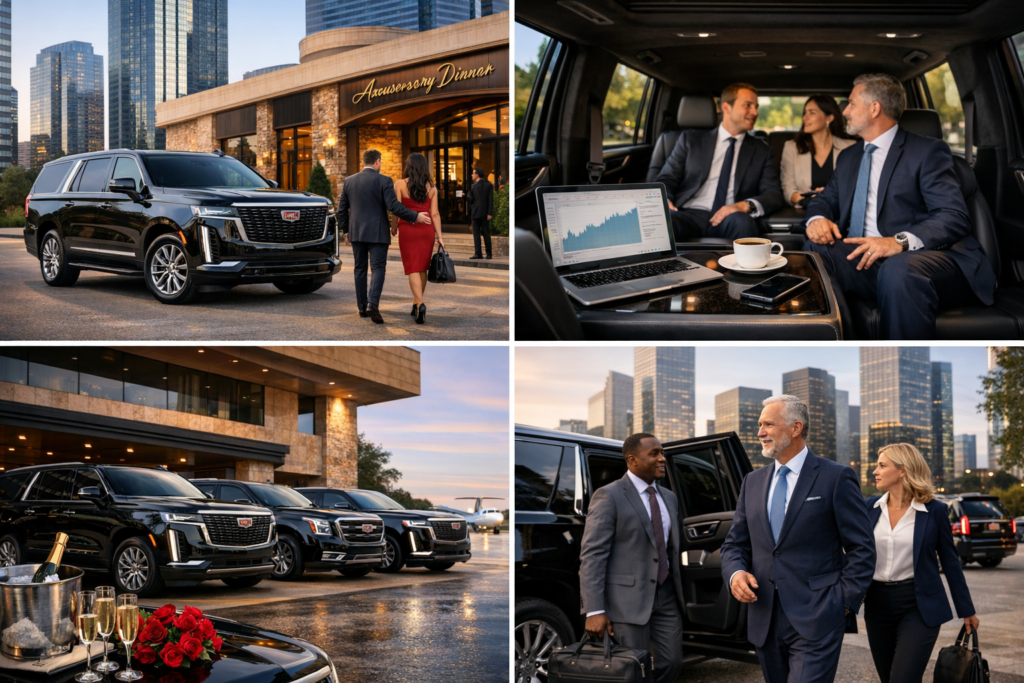 Corporate executive arrival collage showing a chauffeur greeting a businessman at a Houston Energy Corridor office beside a black Cadillac Escalade, luxury SUV interior with laptop and coffee, a fleet of black Yukon Denali Suburban and Escalade SUVs in a row, and executives stepping out of a black SUV in downtown Houston