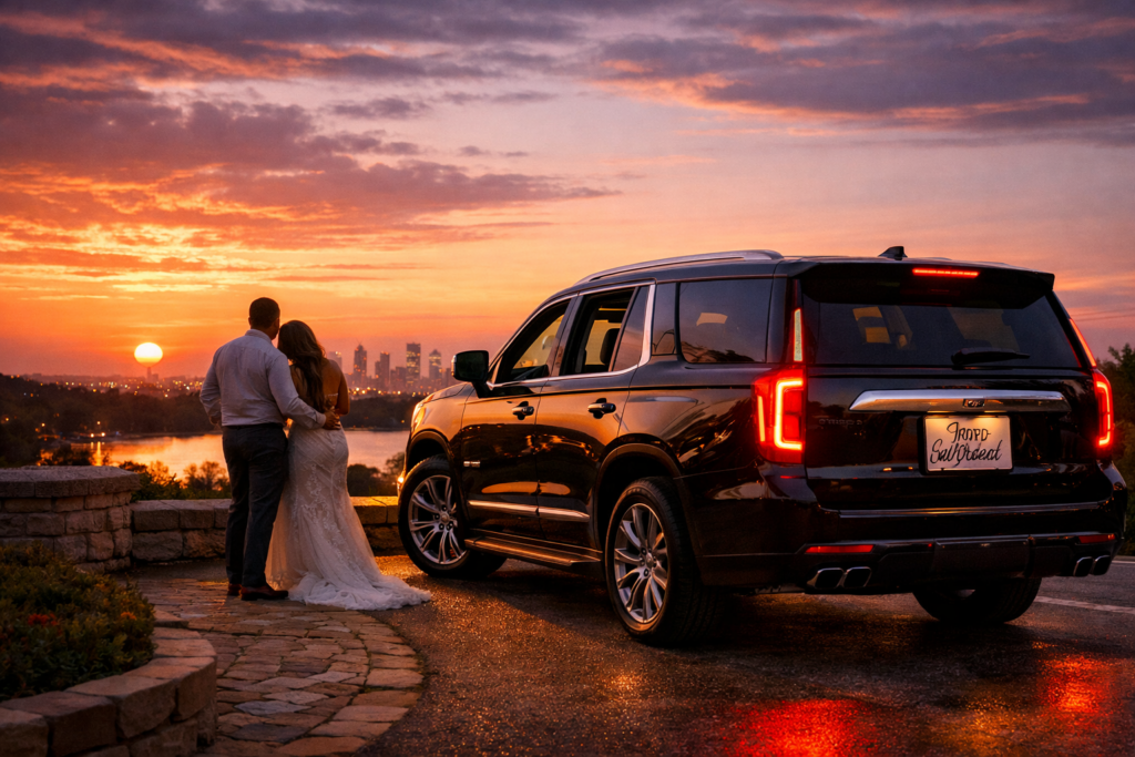 Couple standing beside black luxury SUV at scenic overlook watching sunset over Houston skyline with water reflection and city lights
