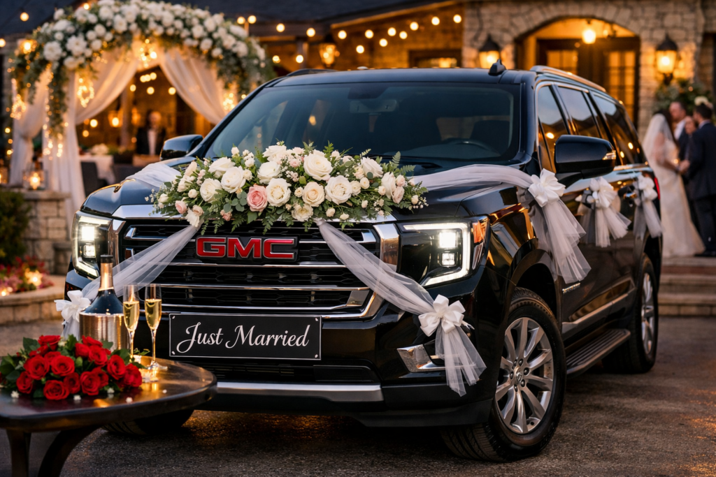 "Black GMC Yukon Denali decorated with white roses, blush pink flowers, eucalyptus greenery, tulle ribbons, and a Just Married sign on the grille parked at an elegant wedding venue with fairy lights and a floral arch"