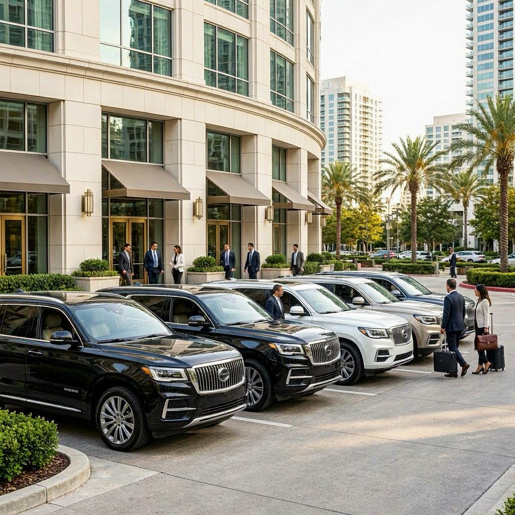 Business travelers boarding a black luxury SUV outside a Houston hotel at dusk with city lights in the background.