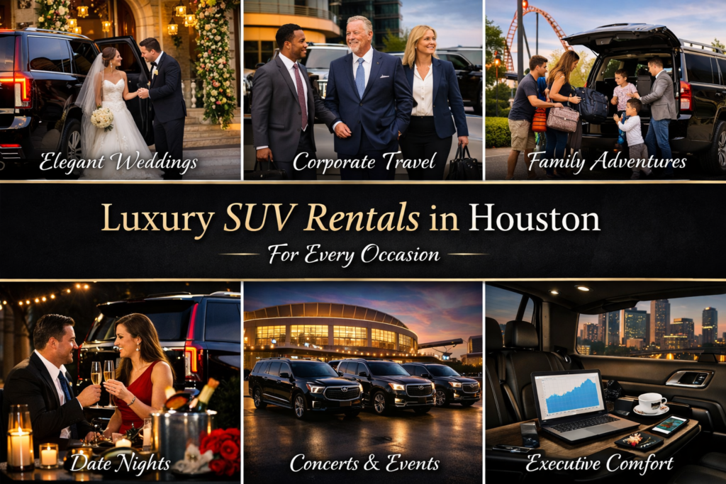 Labeled six-panel collage for Houston SUV Rentals — Elegant Weddings with bride and groom at Cadillac Escalade, Corporate Travel with three executives by GMC Yukon Denali, Family Adventures packing Chevrolet Suburban, Date Nights with champagne by Escalade, Concerts and Events with three SUVs outside arena, Executive Comfort interior with laptop and coffee