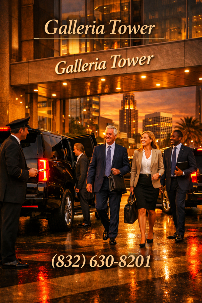 Luxury black SUV arriving at Houston’s Galleria business district with executives stepping out under cinematic golden light.