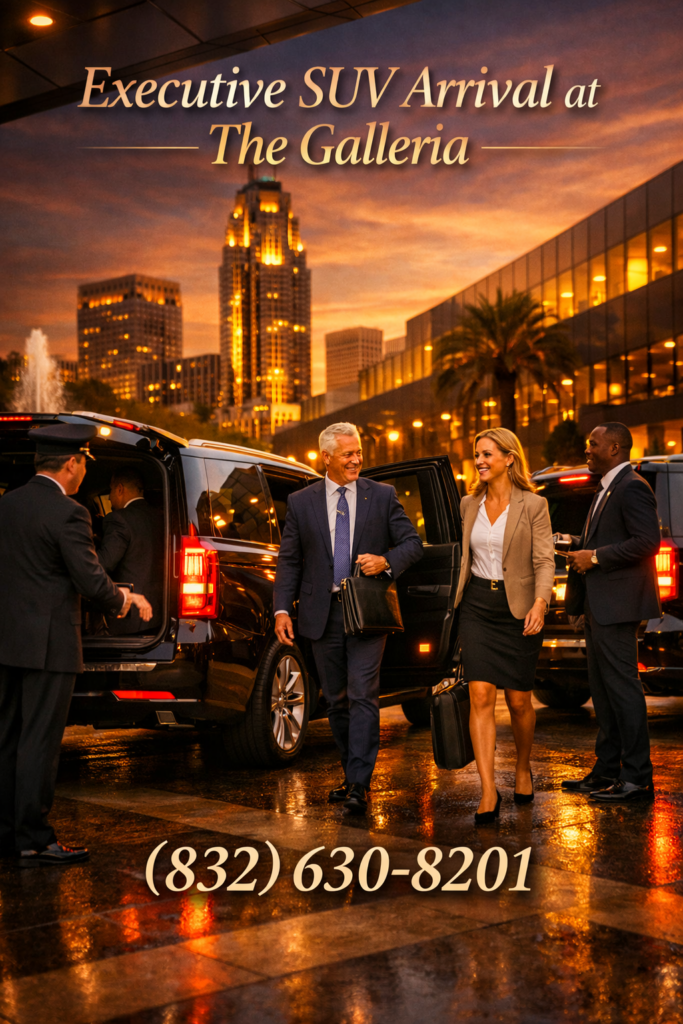 Business executives arriving at Galleria Tower in luxury SUVs, greeted by a concierge under golden evening light.