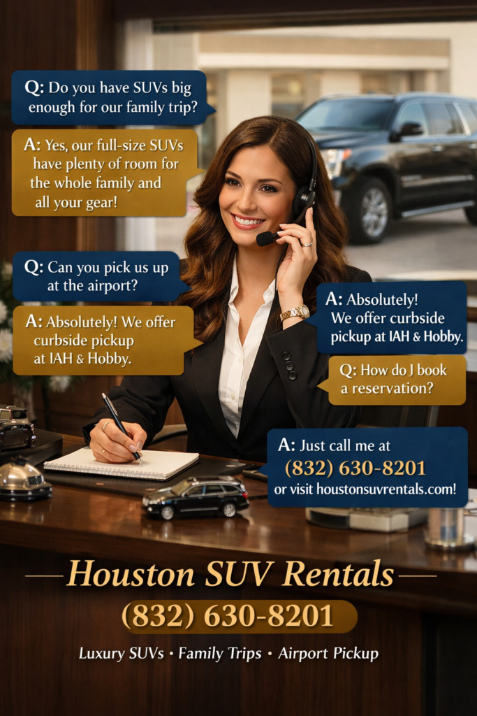 Professional concierge at an upscale office desk with headset answering family travel questions about Houston SUV Rentals including full-size SUV capacity, airport pickup at IAH and Hobby, car seat availability, and booking at (832) 630-8201 with a black SUV visible through the window