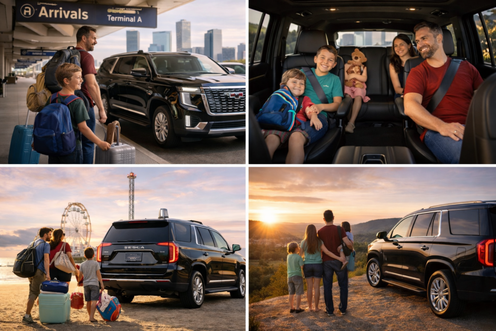 Four-panel family vacation collage — family of four arriving at IAH airport with black GMC Yukon Denali, happy family riding inside spacious SUV with Houston skyline through sunroof, family walking toward Galveston Pleasure Pier with beach gear, and family at Hill Country overlook at golden hour sunset