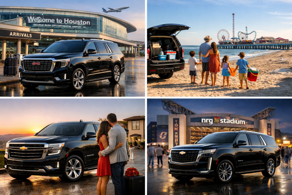 "Three black luxury SUVs parked outside NRG Stadium and a concert venue at night with bright stage lights, excited crowd, and Houston event scene for group leisure travel"