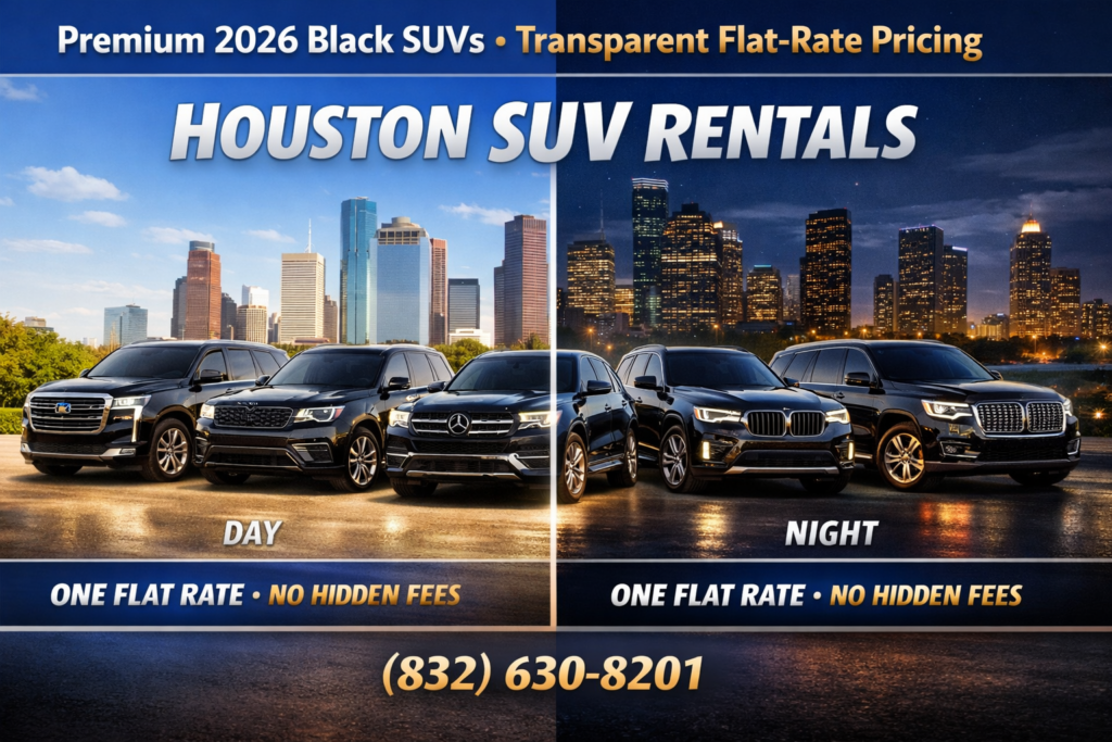 “Day and night split‑screen hero image of five 2026 black SUVs in formation with the Houston skyline. Premium fleet from Houston SUV Rentals with flat‑rate pricing.”