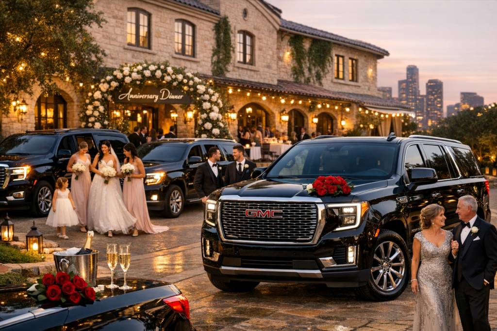 "Three black luxury SUVs parked in front of a grand wedding estate with bridesmaids, groomsmen, parents of the bride, a flower girl, and the bride exiting vehicles for the ceremony"