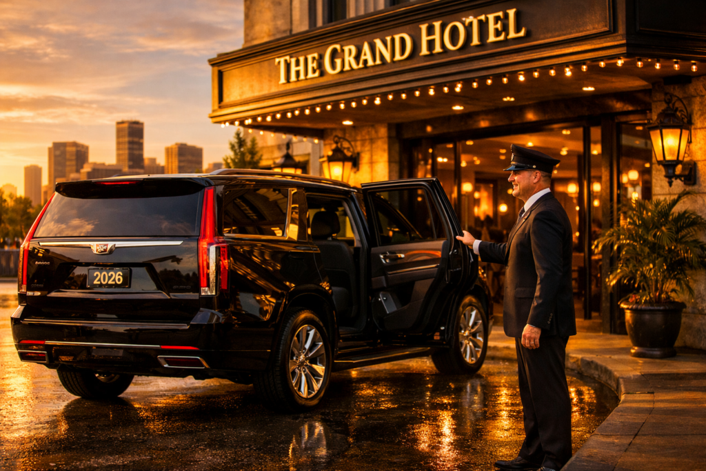 “Chauffeur delivering a premium black 2026 Cadillac Escalade to a boutique Houston hotel entrance during golden hour, with warm sunlight reflecting off the SUV and elegant hotel signage.”