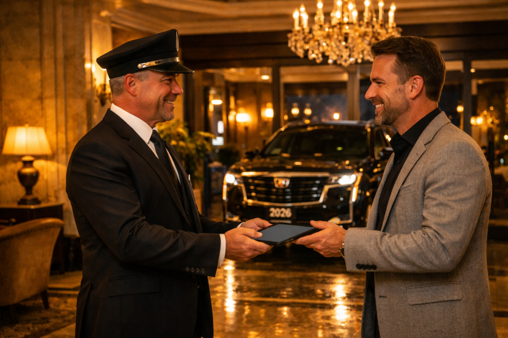 “Chauffeur handing a digital tablet to a hotel guest inside a luxury Houston hotel lobby with marble floors, chandeliers, and a black 2026 SUV visible through the glass entrance doors.”