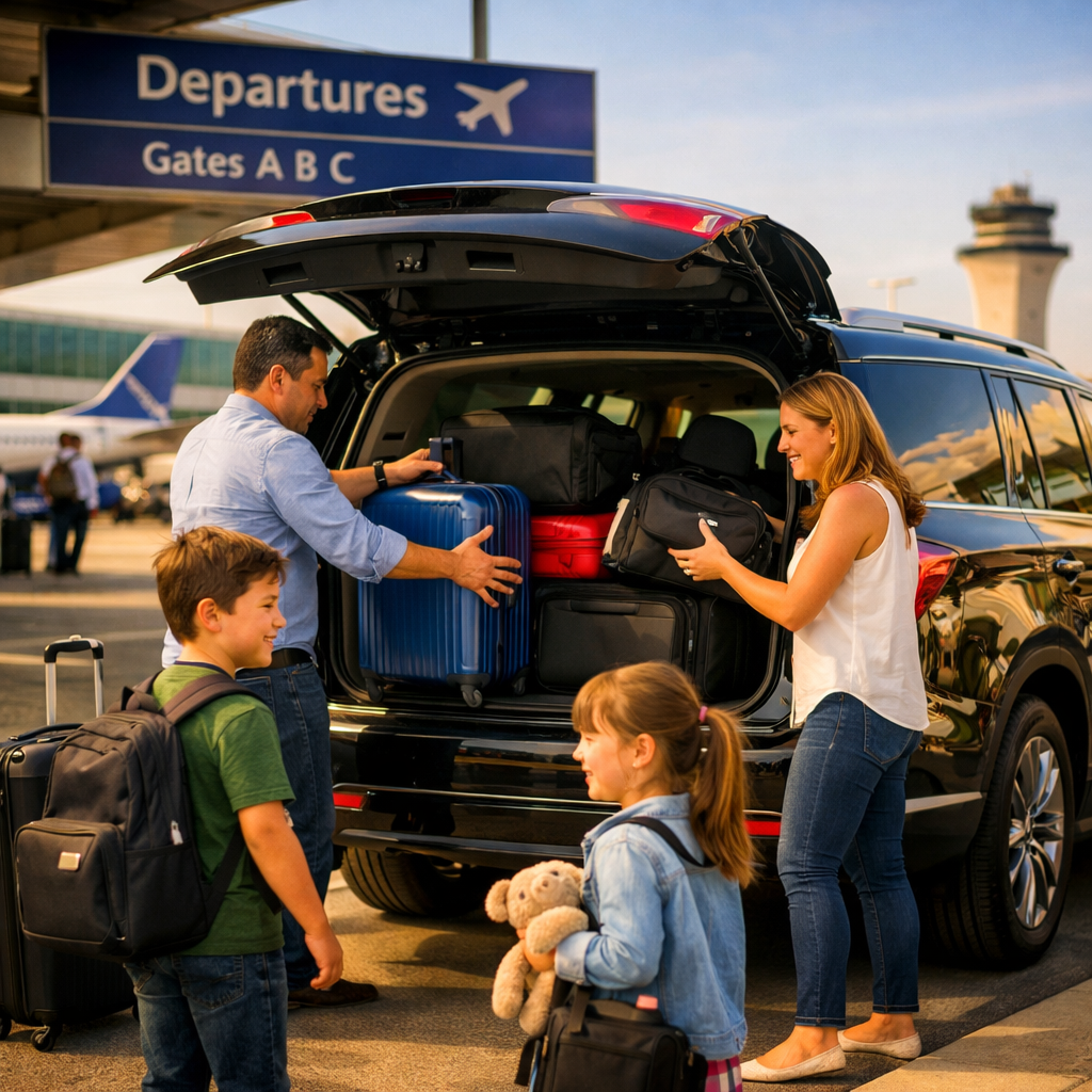 Family loading luggage into a luxury SUV at sunset with soft reflections on the vehicle.