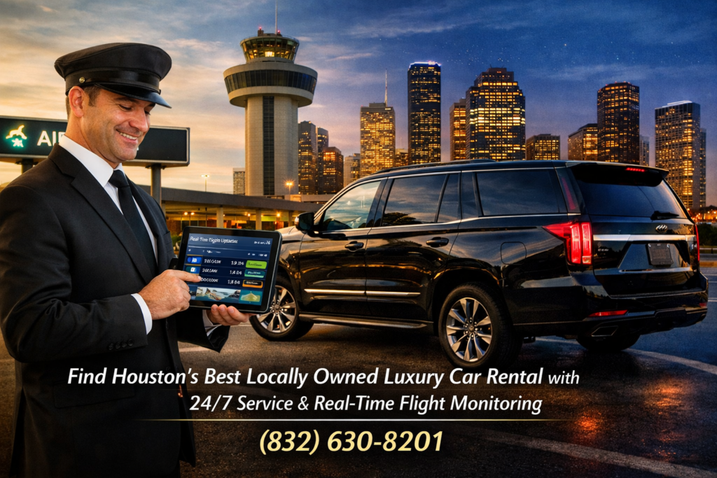 “Chauffeur holding a tablet with real‑time flight monitoring beside a black luxury SUV at Houston IAH Airport, with the Houston skyline in the background — representing locally owned Houston luxury car rental with 24/7 service.”
