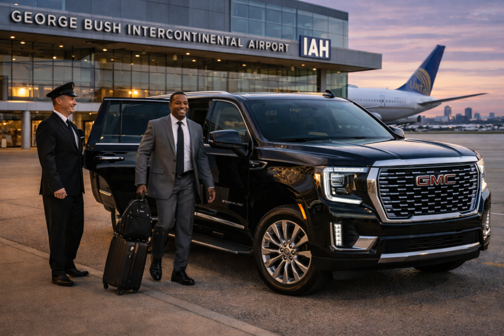Business executive in gray suit stepping out of black GMC Yukon Denali at George Bush Intercontinental Airport IAH with professional chauffeur holding door open, United Airlines jet and terminal in background at sunset