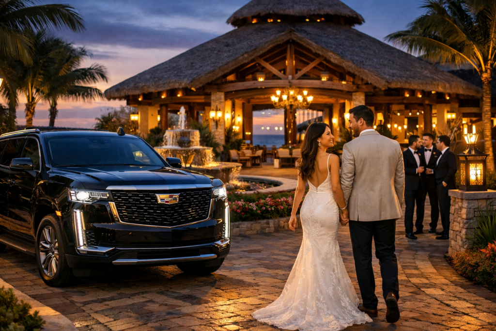 Couple arriving at tropical resort on cobblestone driveway with black Cadillac Escalade palm trees and ocean sunset