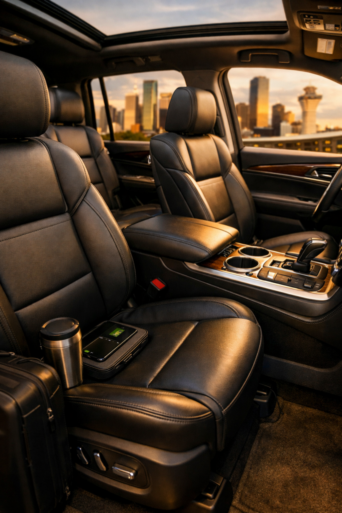 Close‑up of luxury SUV interior with black leather seats, modern console, and panoramic sunroof overlooking Houston skyline.
