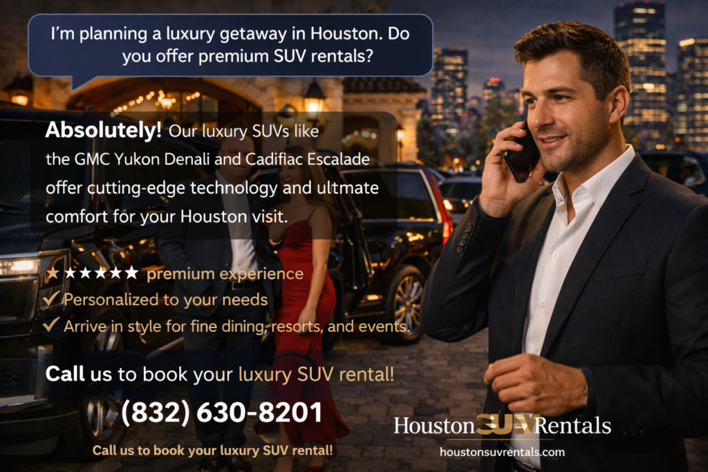 Luxury traveler Q&A sales image for Houston SUV Rentals featuring a professional concierge in a black suit answering questions about premium SUV rentals including the GMC Yukon Denali and Cadillac Escalade with a couple in evening attire stepping out of a black SUV at a fine dining venue and gold star ratings