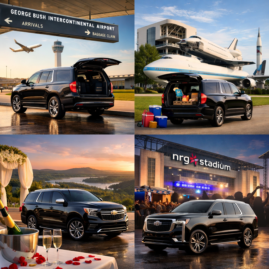 "Black Chevrolet Tahoe parked outside NRG Stadium at twilight with stadium lights illuminated, event spotlights, concert stage, football tickets, cowboy boots, and cowboy hat in the foreground"