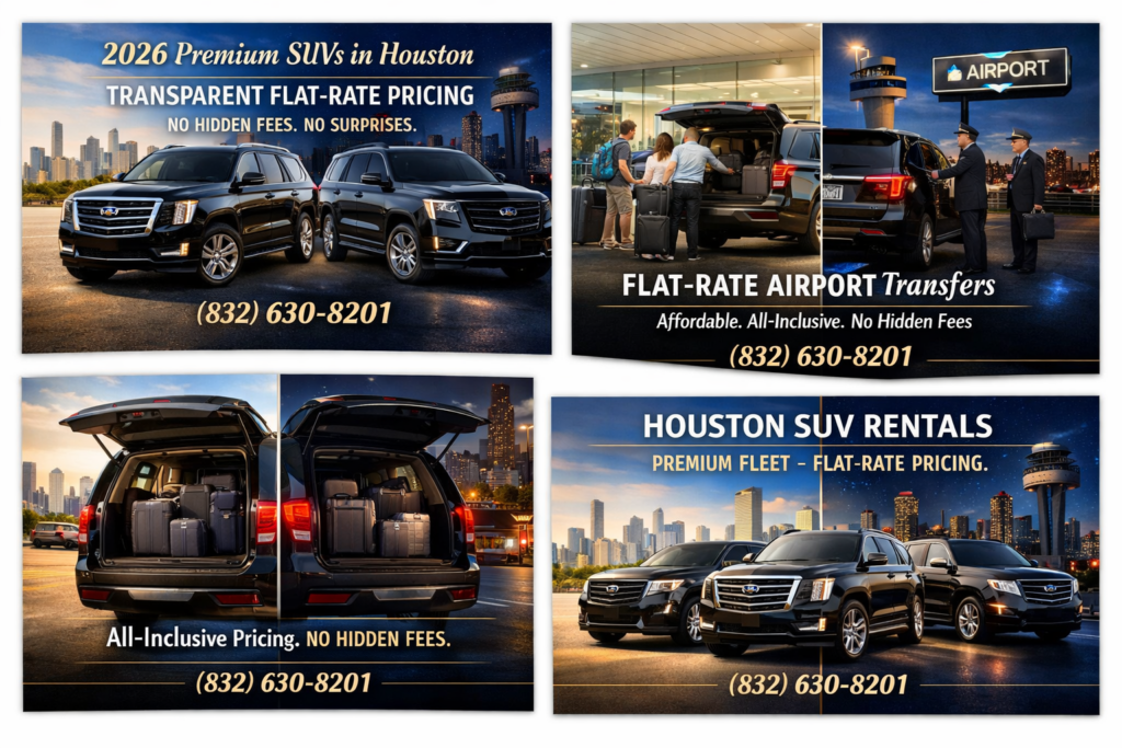 “Split‑screen day and night photo of five 2026 black luxury SUVs — Cadillac Escalade, Lincoln Navigator, Mercedes GLS, Range Rover, and BMW X7 — parked in front of the Houston skyline, representing Houston SUV Rentals’ premium fleet.”