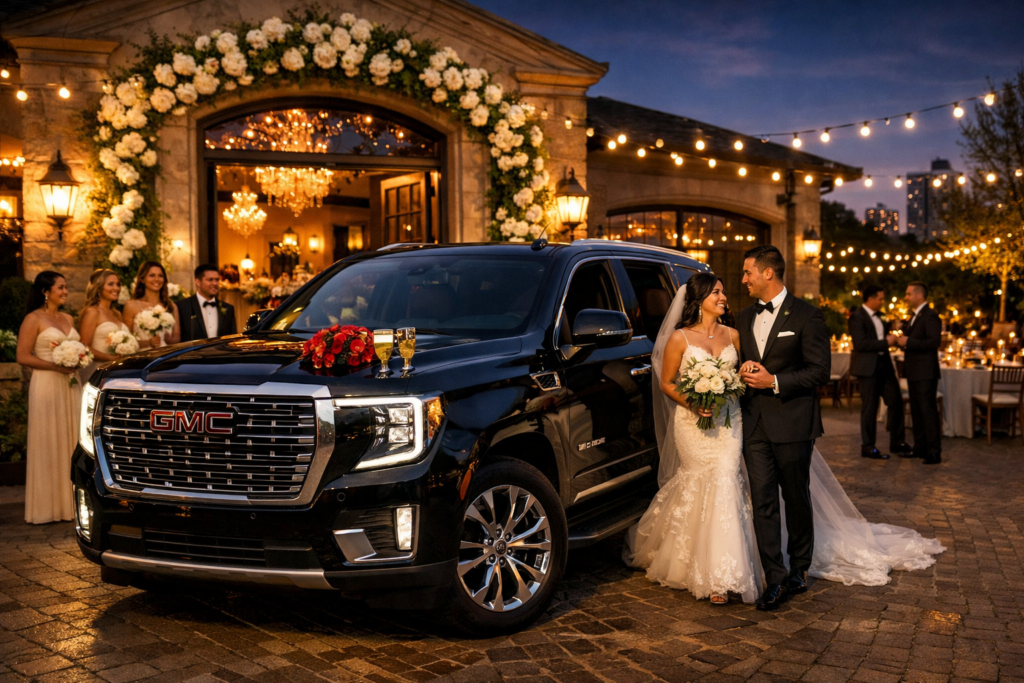 "Bride and groom stepping out of a black GMC Yukon Denali at an elegant wedding reception venue with chandeliers, string lights, floral arch, and bridesmaids and groomsmen gathered at twilight"
