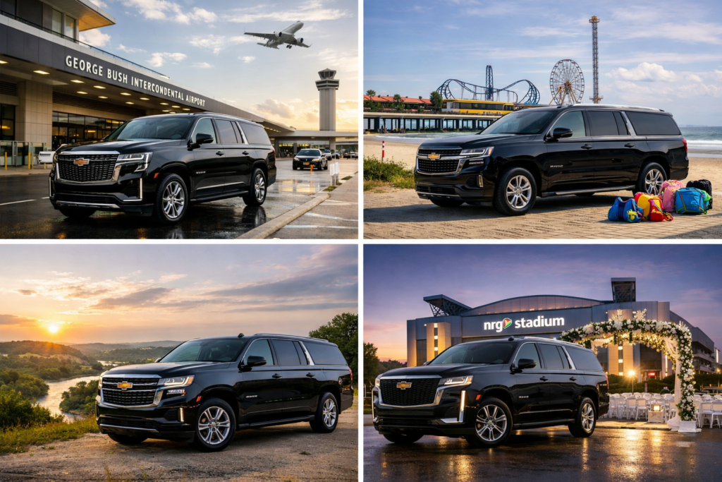 "Couple in elegant attire toasting champagne beside a black Cadillac Escalade at a luxurious hilltop resort with red roses on the hood, string lights, and a sunset over rolling hills"