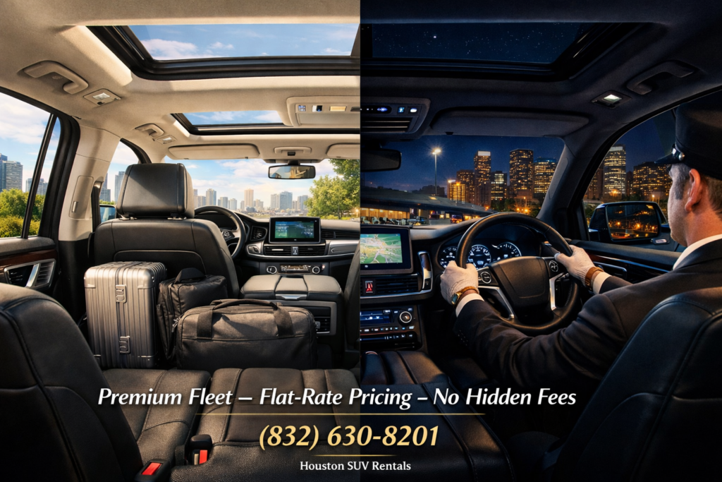 “Interior split‑screen of a 2026 black SUV showing daytime luggage space and nighttime chauffeur‑ready cabin with ambient lighting. Premium interior experience from Houston SUV Rentals.”