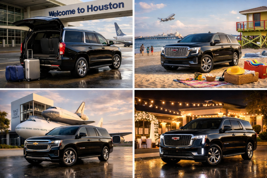 "Black Chevrolet Suburban parked at Space Center Houston with the Space Shuttle Independence replica on the Shuttle Carrier Aircraft visible in the background and a family walking toward the entrance"