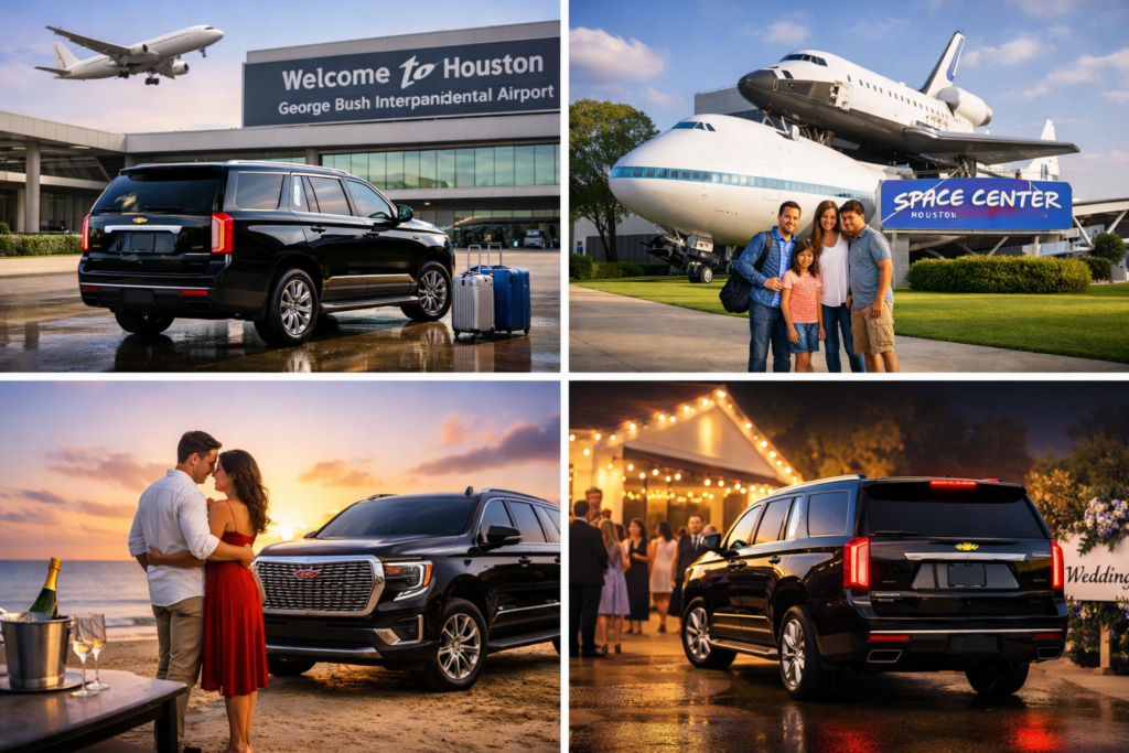 "Black GMC Yukon Denali parked at a scenic Texas Hill Country overlook at sunset with champagne, wine glasses, red roses, and rolling hills in the background for a romantic couple's getaway"