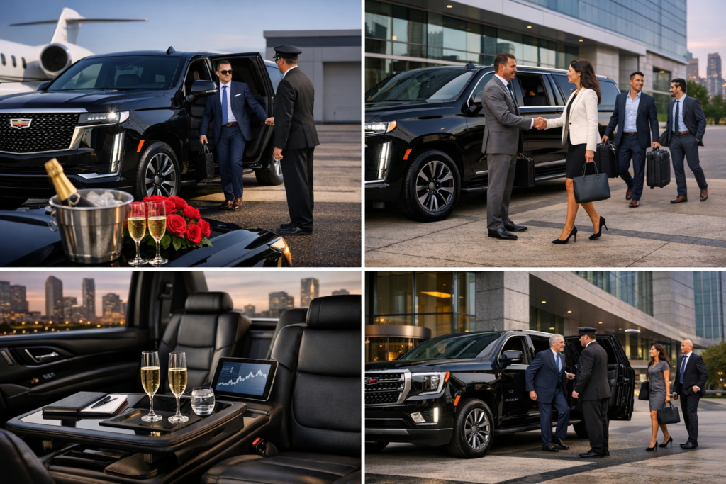 VIP client pickup collage featuring a businessman stepping out of a black Cadillac Escalade at a private jet tarmac, executives shaking hands beside a luxury SUV at a Houston office, champagne and tablet inside a premium SUV interior with skyline view, and a chauffeur assisting a senior executive at a corporate office tower