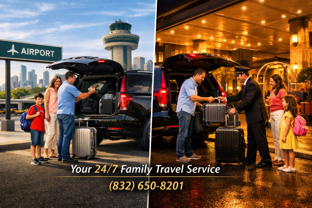 “Split‑screen day and night image showing a family loading luggage into a 2026 black SUV at Houston airport and arriving at a hotel with a chauffeur, representing Houston SUV Rentals’ 24/7 family travel service.”