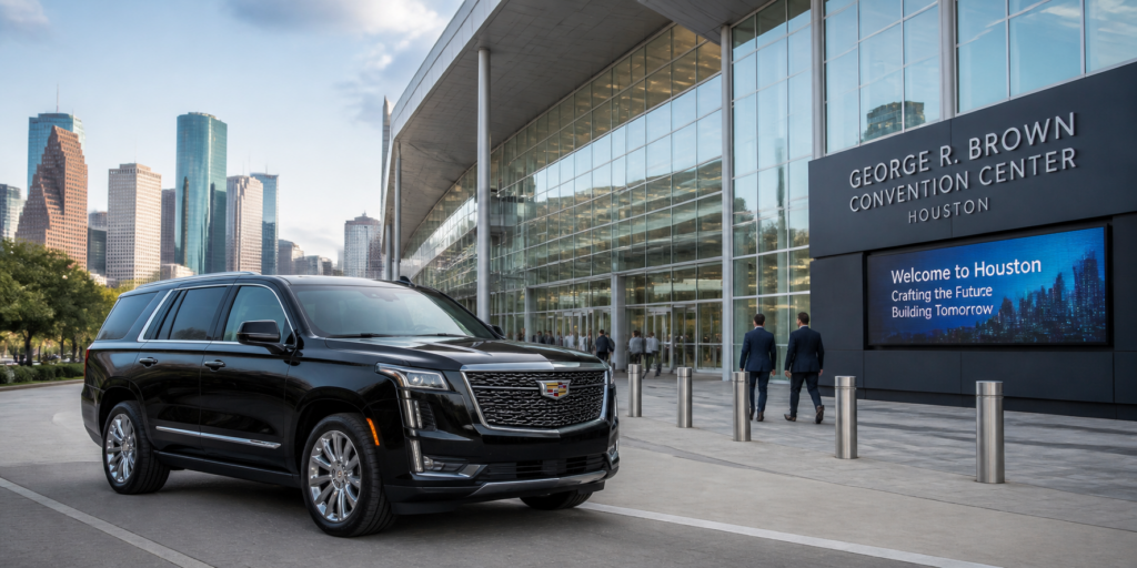 Luxury SUV arriving at a Houston convention center for corporate transport